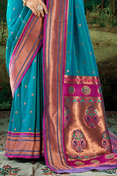 VastraLakshmi Forbearance Firozi Paithani Silk Saree With Redolent Blouse Piece