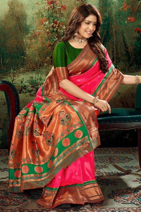 VastraLakshmi Felicitous Dark Pink Paithani Silk Saree With Fantabulous Blouse Piece