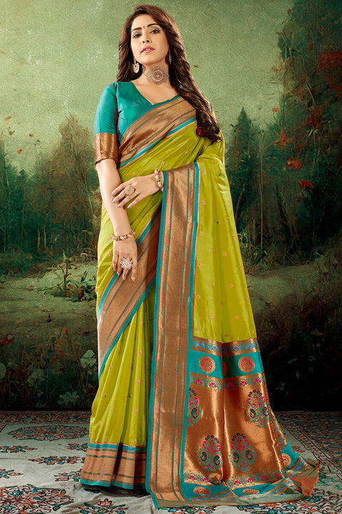 VastraLakshmi Splendorous Mehndi Paithani Silk Saree With Profuse Blouse Piece