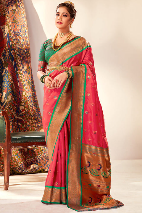 VastraLakshmi Quintessential Dark Pink Paithani Silk Saree With Susurrous Blouse Piece