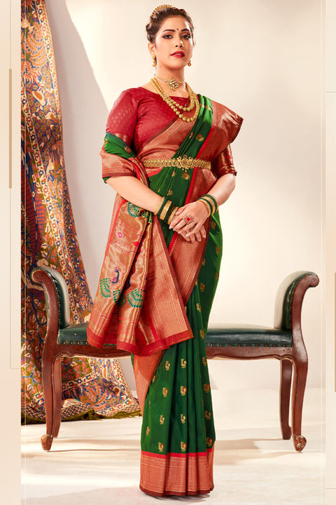 VastraLakshmi Pleasurable Dark Green Paithani Silk Saree With Snazzy Blouse Piece