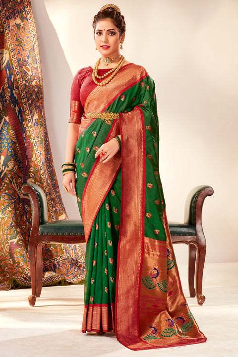 VastraLakshmi Pleasurable Dark Green Paithani Silk Saree With Snazzy Blouse Piece