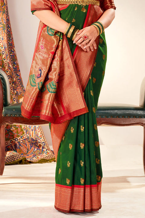 VastraLakshmi Pleasurable Dark Green Paithani Silk Saree With Snazzy Blouse Piece