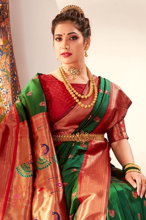 VastraLakshmi Pleasurable Dark Green Paithani Silk Saree With Snazzy Blouse Piece