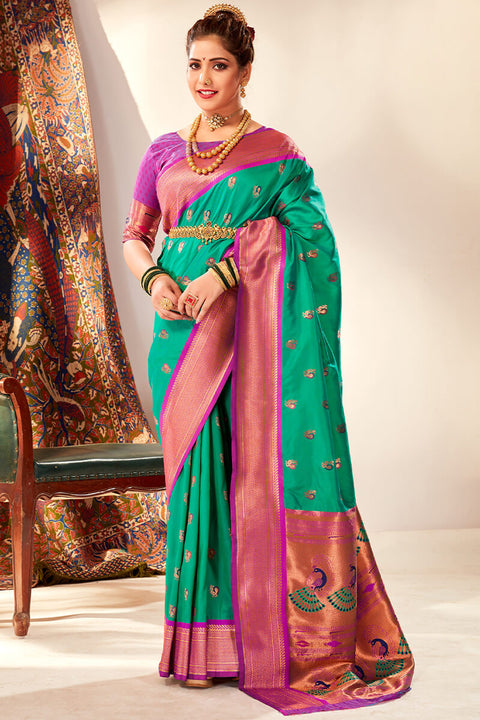 VastraLakshmi Transcendent Sea Green Paithani Silk Saree With Piquant Blouse Piece