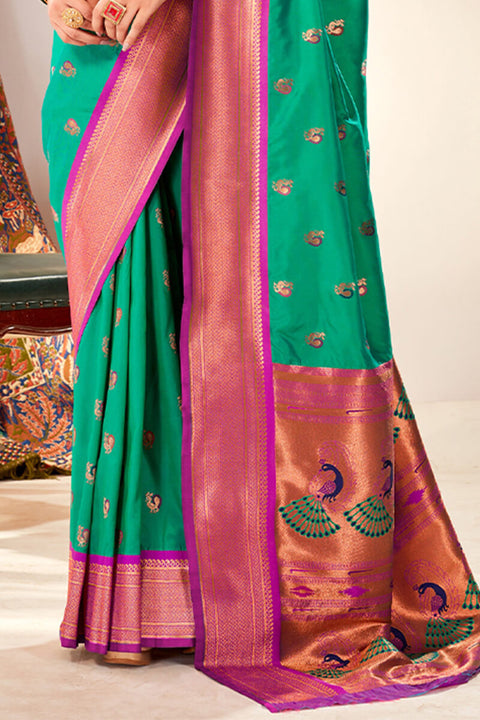 VastraLakshmi Transcendent Sea Green Paithani Silk Saree With Piquant Blouse Piece