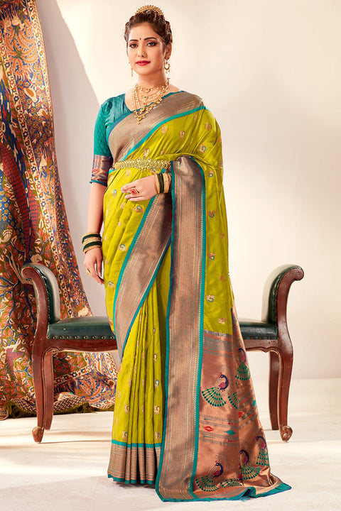 VastraLakshmi Opulent Mehndi Paithani Silk Saree With Posh Blouse Piece