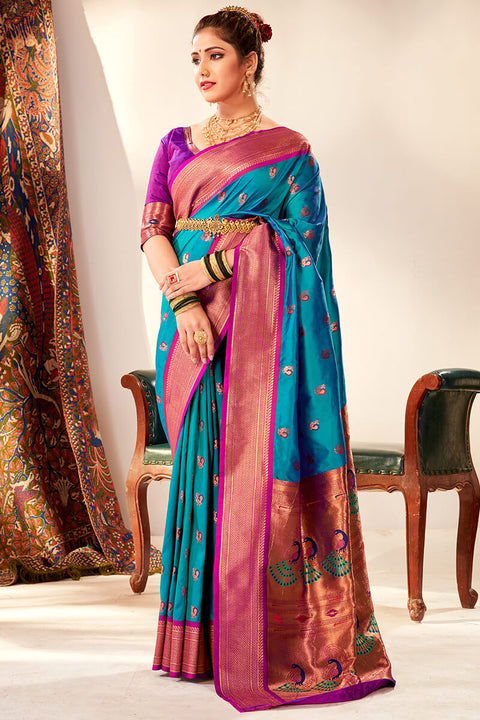 VastraLakshmi Ethereal Firozi Paithani Silk Saree With Ephemeral Blouse Piece