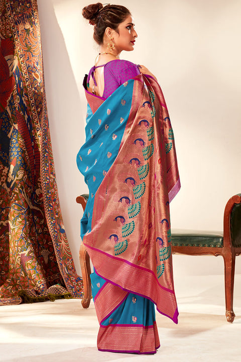 VastraLakshmi Ethereal Firozi Paithani Silk Saree With Ephemeral Blouse Piece