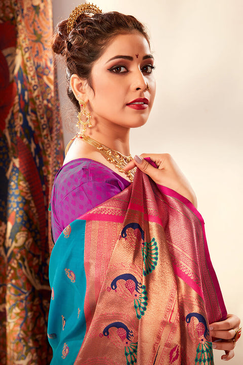 VastraLakshmi Ethereal Firozi Paithani Silk Saree With Ephemeral Blouse Piece