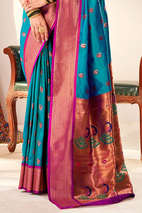 VastraLakshmi Ethereal Firozi Paithani Silk Saree With Ephemeral Blouse Piece