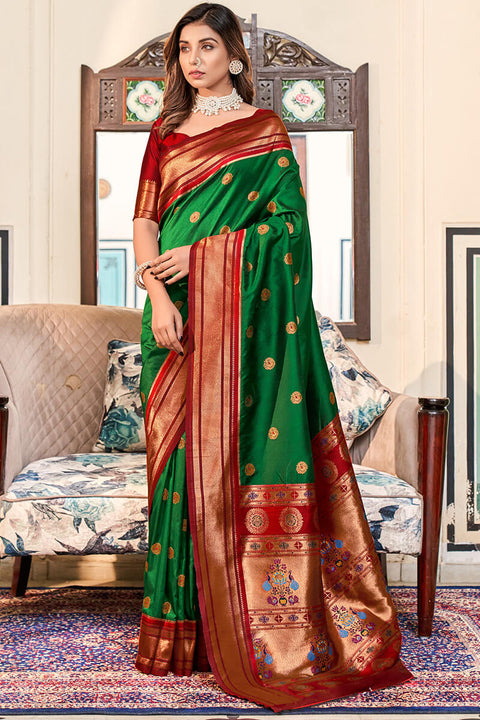 VastraLakshmi Elegant Dark Green Paithani Silk Saree With Stunning Blouse Piece