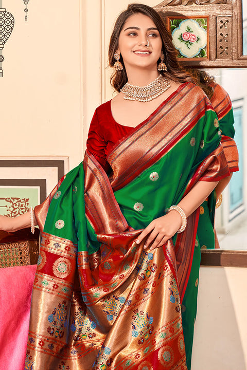 VastraLakshmi Elegant Dark Green Paithani Silk Saree With Stunning Blouse Piece