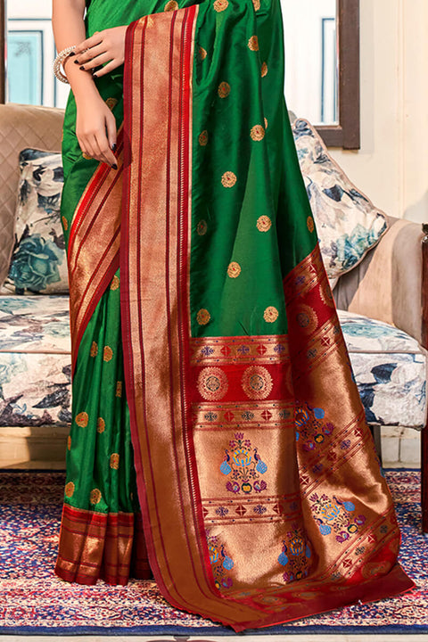 VastraLakshmi Elegant Dark Green Paithani Silk Saree With Stunning Blouse Piece