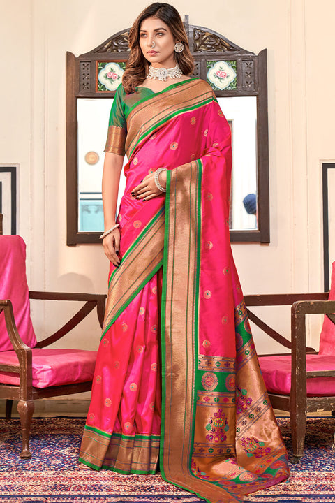 VastraLakshmi Dissemble Dark Pink Paithani Silk Saree With Redolent Blouse Piece