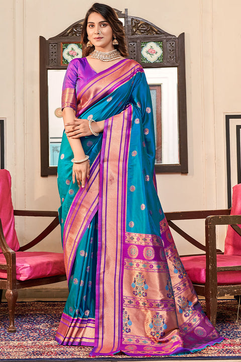 VastraLakshmi Artistic Firozi Paithani Silk Saree With Winsome Blouse Piece