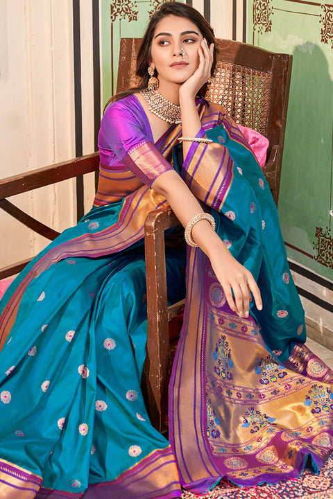 VastraLakshmi Artistic Firozi Paithani Silk Saree With Winsome Blouse Piece