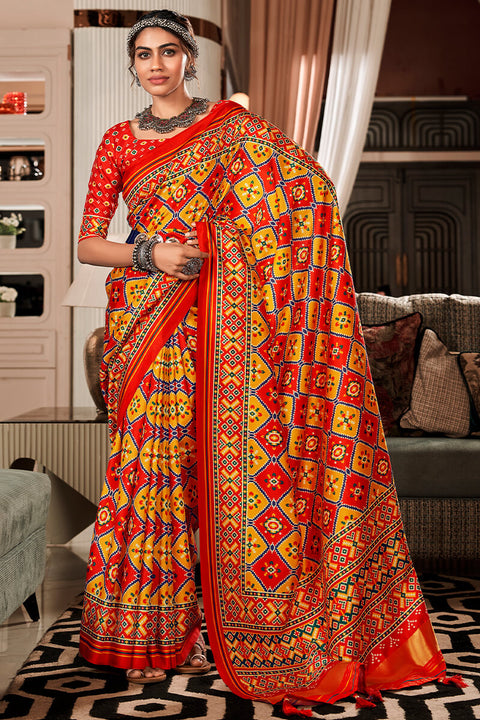 VastraLakshmi Evanescent Yellow and Red Patola Silk Saree with Imbrication Blouse Piece