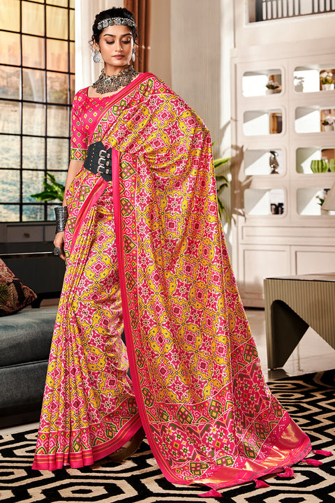 VastraLakshmi Scintilla Yellow and Pink Patola Silk Saree with Devastating Blouse Piece