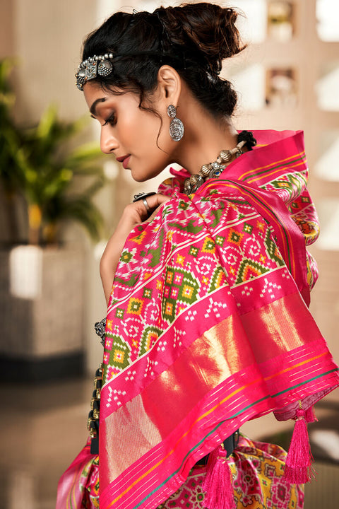 VastraLakshmi Scintilla Yellow and Pink Patola Silk Saree with Devastating Blouse Piece