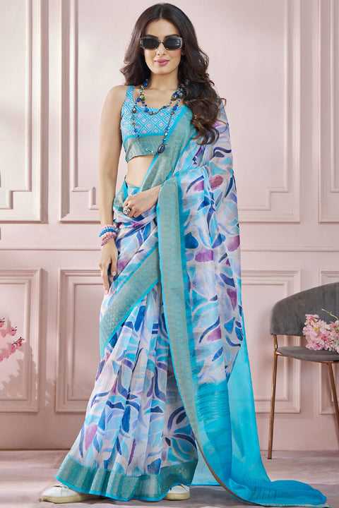 VastraLakshmi Delightful Firozi Digital Printed Soft Silk Saree With Entrancing Blouse Piece