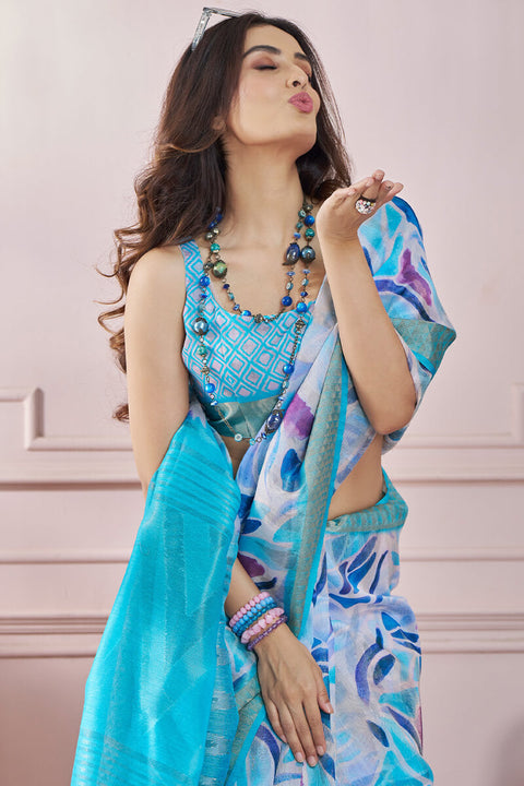 VastraLakshmi Delightful Firozi Digital Printed Soft Silk Saree With Entrancing Blouse Piece