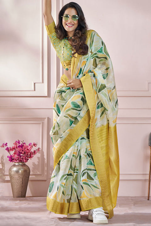 VastraLakshmi Bewitching Mustard Digital Printed Soft Silk Saree With Cynosure Blouse Piece