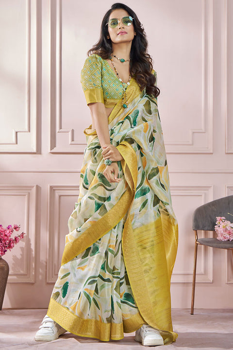 VastraLakshmi Bewitching Mustard Digital Printed Soft Silk Saree With Cynosure Blouse Piece