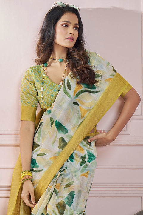 VastraLakshmi Bewitching Mustard Digital Printed Soft Silk Saree With Cynosure Blouse Piece