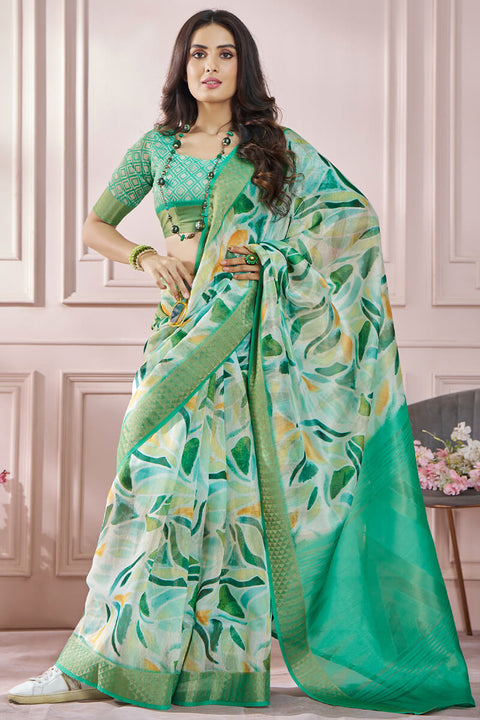 VastraLakshmi Fugacious Green Digital Printed Soft Silk Saree With Imbrication Blouse Piece