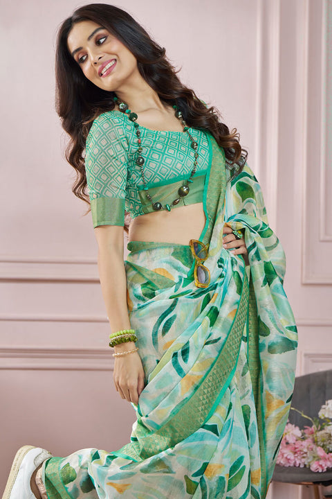 VastraLakshmi Fugacious Green Digital Printed Soft Silk Saree With Imbrication Blouse Piece