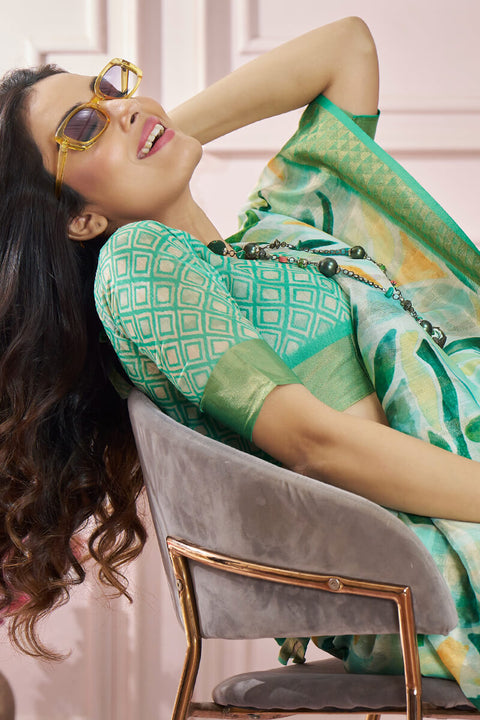 VastraLakshmi Fugacious Green Digital Printed Soft Silk Saree With Imbrication Blouse Piece