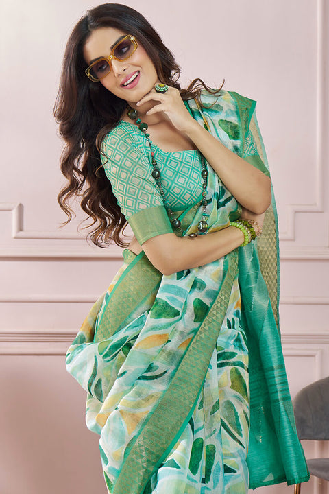 VastraLakshmi Fugacious Green Digital Printed Soft Silk Saree With Imbrication Blouse Piece