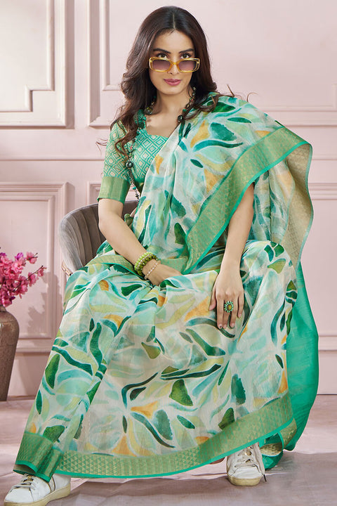 VastraLakshmi Fugacious Green Digital Printed Soft Silk Saree With Imbrication Blouse Piece