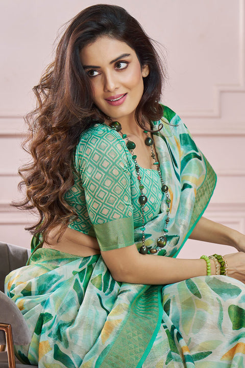 VastraLakshmi Fugacious Green Digital Printed Soft Silk Saree With Imbrication Blouse Piece