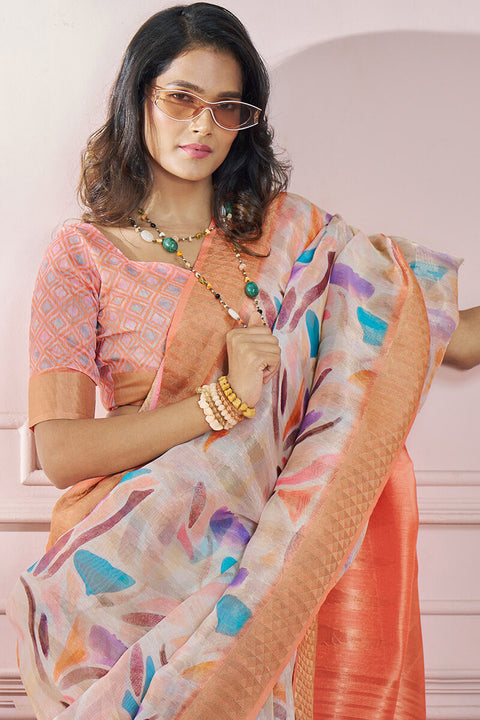 VastraLakshmi Seraglio Peach Digital Printed Soft Silk Saree With Scrumptious Blouse Piece