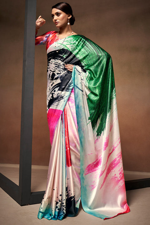 VastraLakshmi Confounding Beige Digital Printed Satin Silk Saree With Sempiternal Blouse Piece