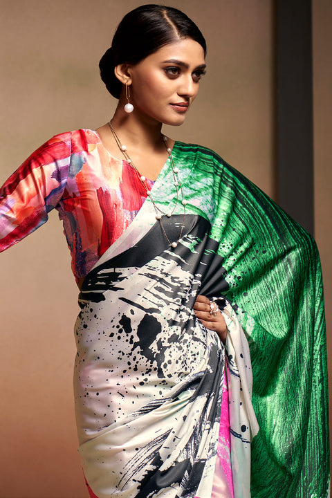 VastraLakshmi Confounding Beige Digital Printed Satin Silk Saree With Sempiternal Blouse Piece