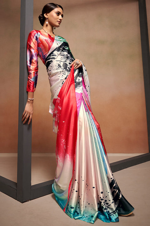 VastraLakshmi Confounding Beige Digital Printed Satin Silk Saree With Sempiternal Blouse Piece