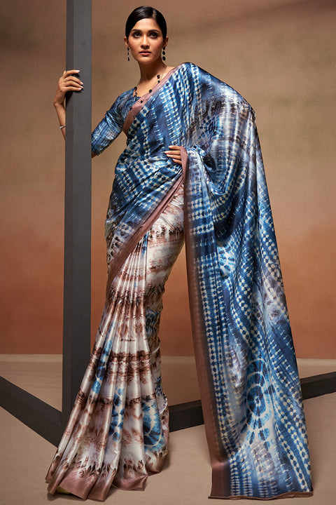 VastraLakshmi Lassitude Brown and Blue Digital Printed Satin Silk Saree With Efflorescence Blouse Piece