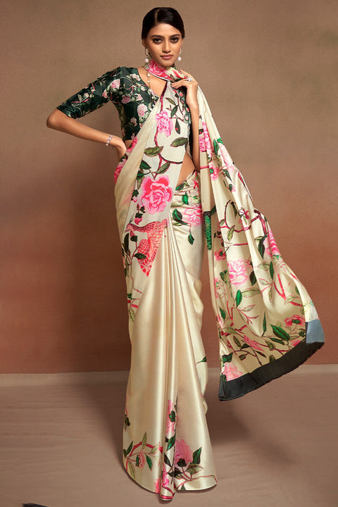 VastraLakshmi Conflate Beige Digital Printed Satin Silk Saree With Beauteous Blouse Piece