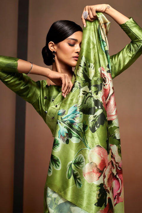 VastraLakshmi Exquisite Green Digital Printed Satin Silk Saree With Bucolic Blouse Piece