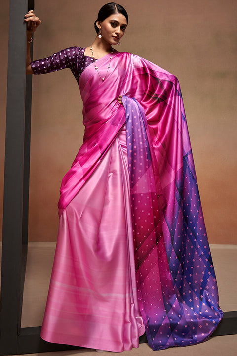 VastraLakshmi Gossamer Dark Pink Digital Printed Satin Silk Saree With Seraglio Blouse Piece