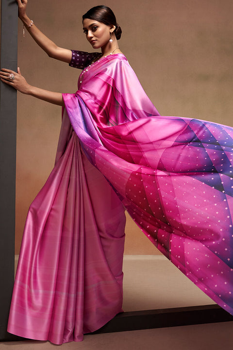 VastraLakshmi Gossamer Dark Pink Digital Printed Satin Silk Saree With Seraglio Blouse Piece