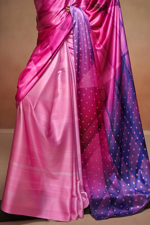 VastraLakshmi Gossamer Dark Pink Digital Printed Satin Silk Saree With Seraglio Blouse Piece