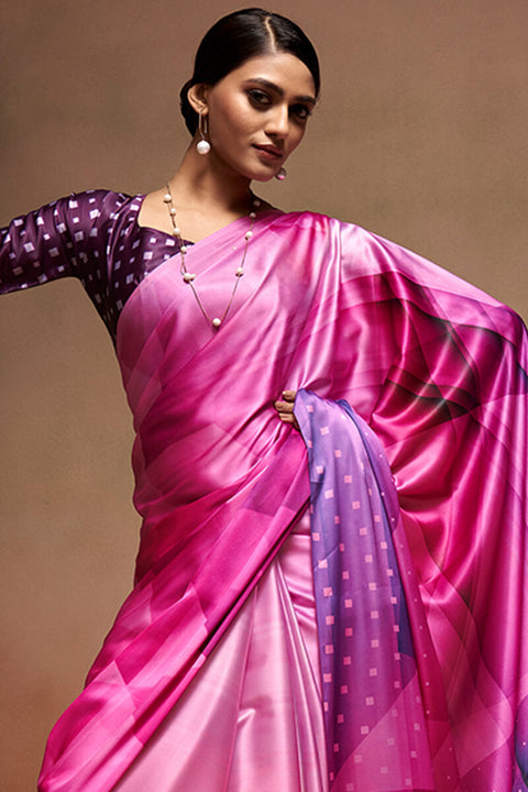 VastraLakshmi Gossamer Dark Pink Digital Printed Satin Silk Saree With Seraglio Blouse Piece