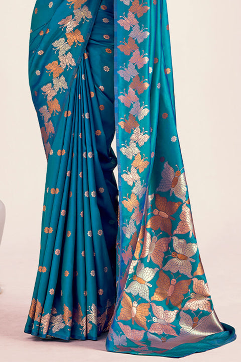 VastraLakshmi Trendy Blue Soft Banarasi Silk Saree With Flattering Blouse Piece