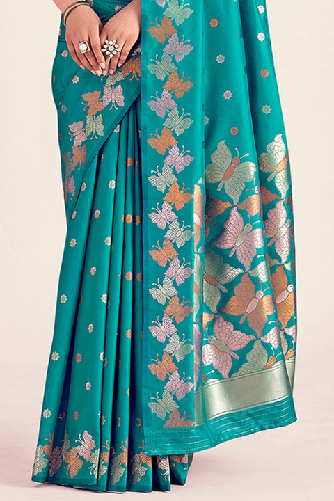 VastraLakshmi Extraordinary Firozi Soft Banarasi Silk Saree With Lovely Blouse Piece