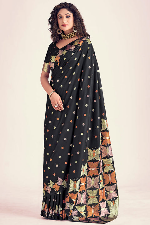 VastraLakshmi Eye-catching Black Soft Banarasi Silk Saree With Blooming Blouse Piece