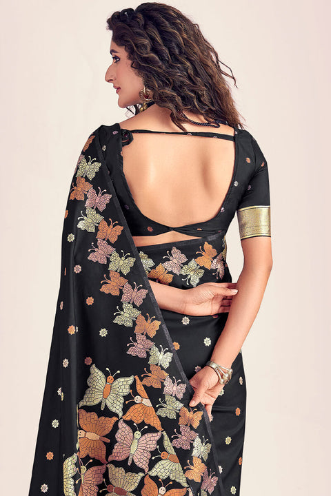 VastraLakshmi Eye-catching Black Soft Banarasi Silk Saree With Blooming Blouse Piece